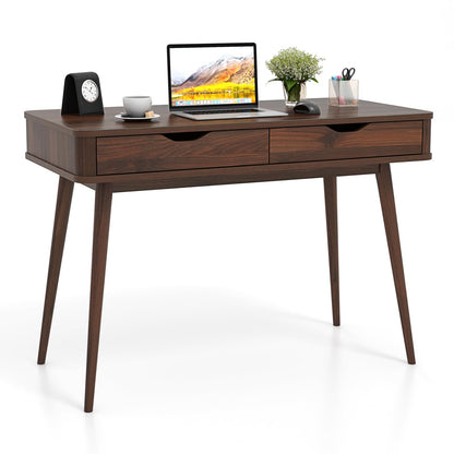 Goflame Mid-Century Desk with 2 Drawers, 43.5" Writing Study Desk with Solid Rubber Wood Legs