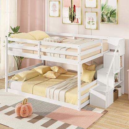 Goflame Bunk Bed with Stairs, Solid Wood Floor Bunk Bed with Storage Staircase & Full-Length Guardrails