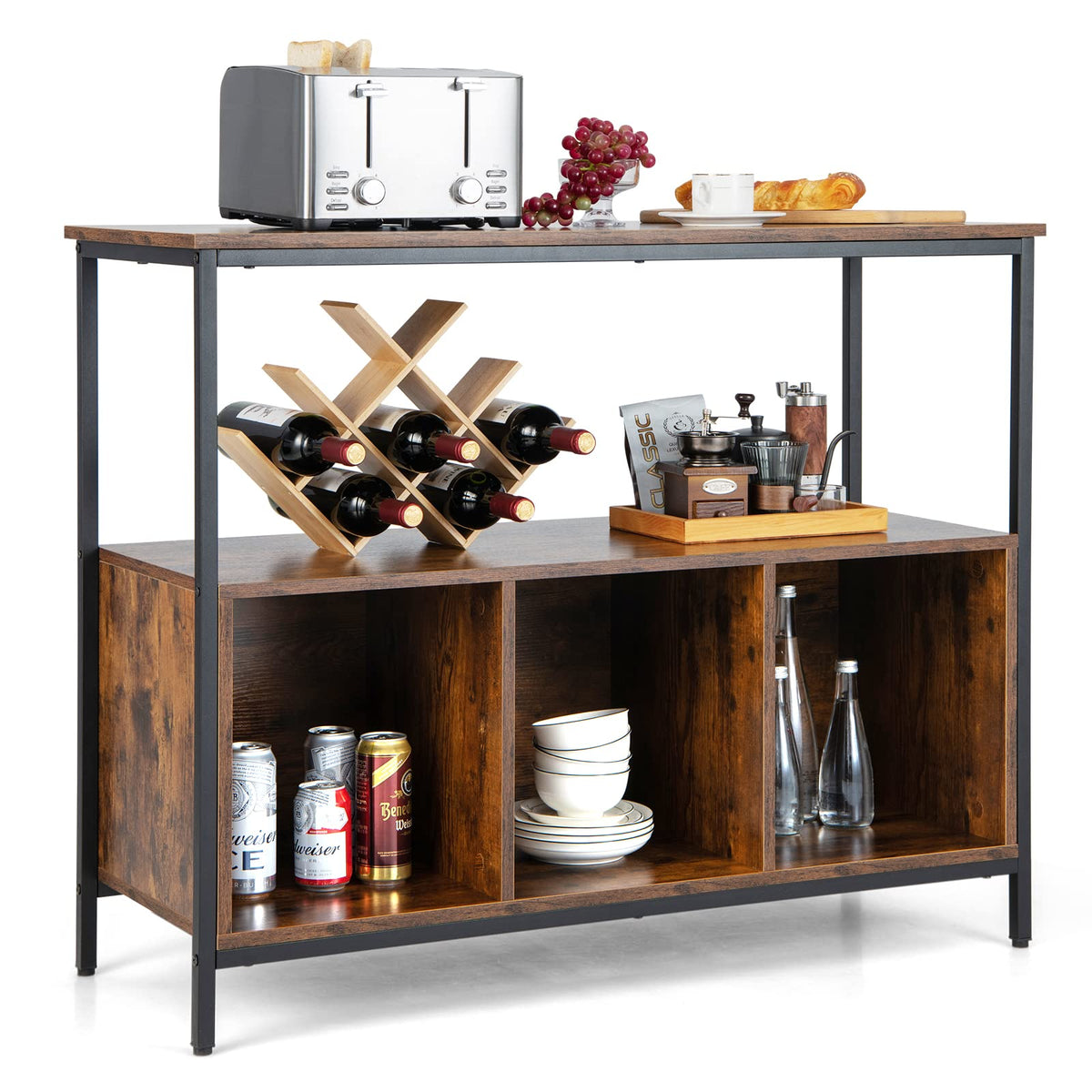 Goflame Buffet Sideboard, Wooden Cupboard, Kitchen Pantry w/Spacious Countertop, Large Open Shelf, 3 Cube Storage Cabinet