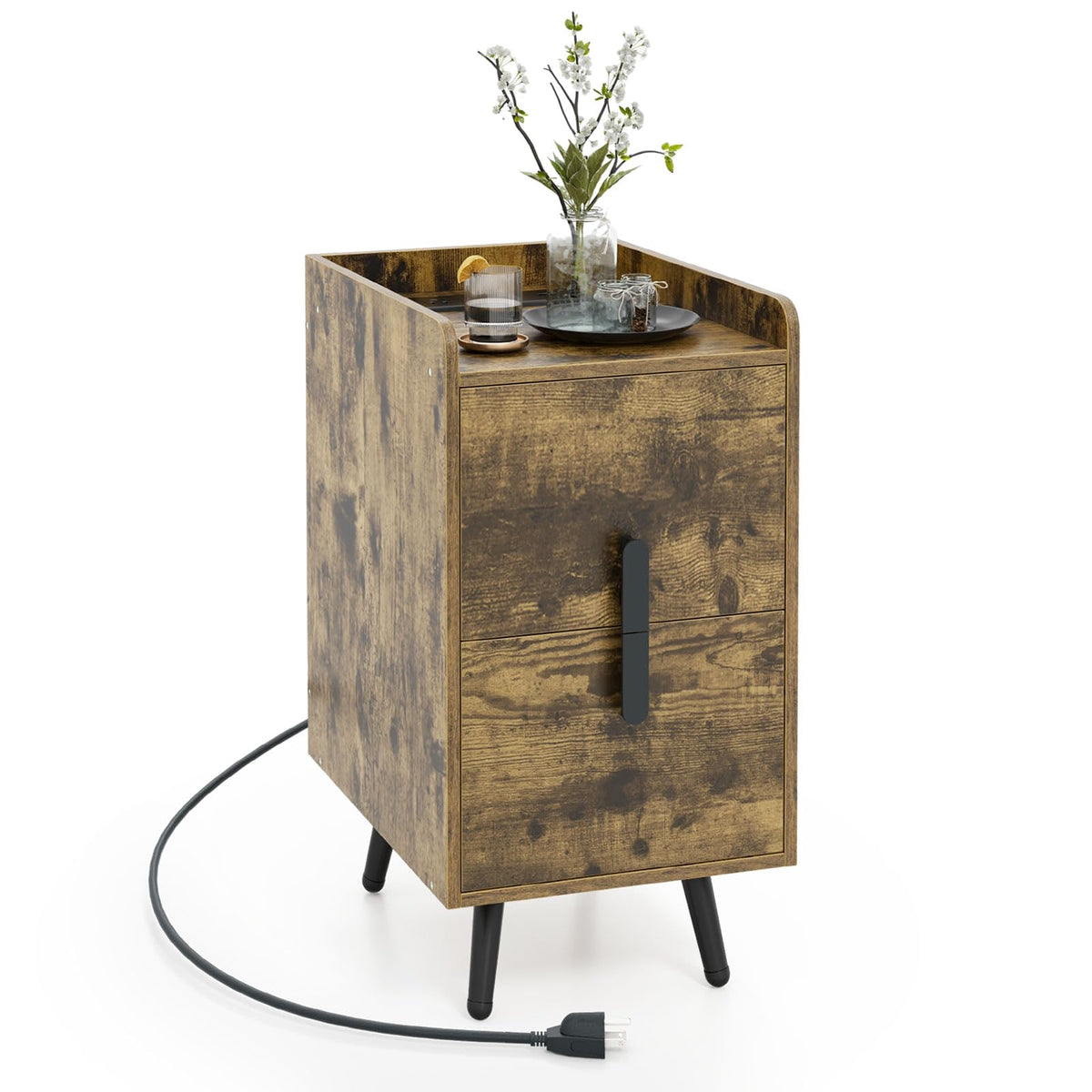 Goflame Nightstand with Charging Station, Narrow End Table with 2 Drawers & Metal Gold Legs