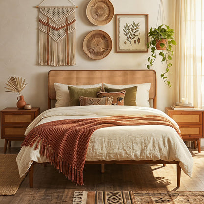 Goflame Wooden Bed Frame Full/Twin/Queen Size with Rattan Headboard