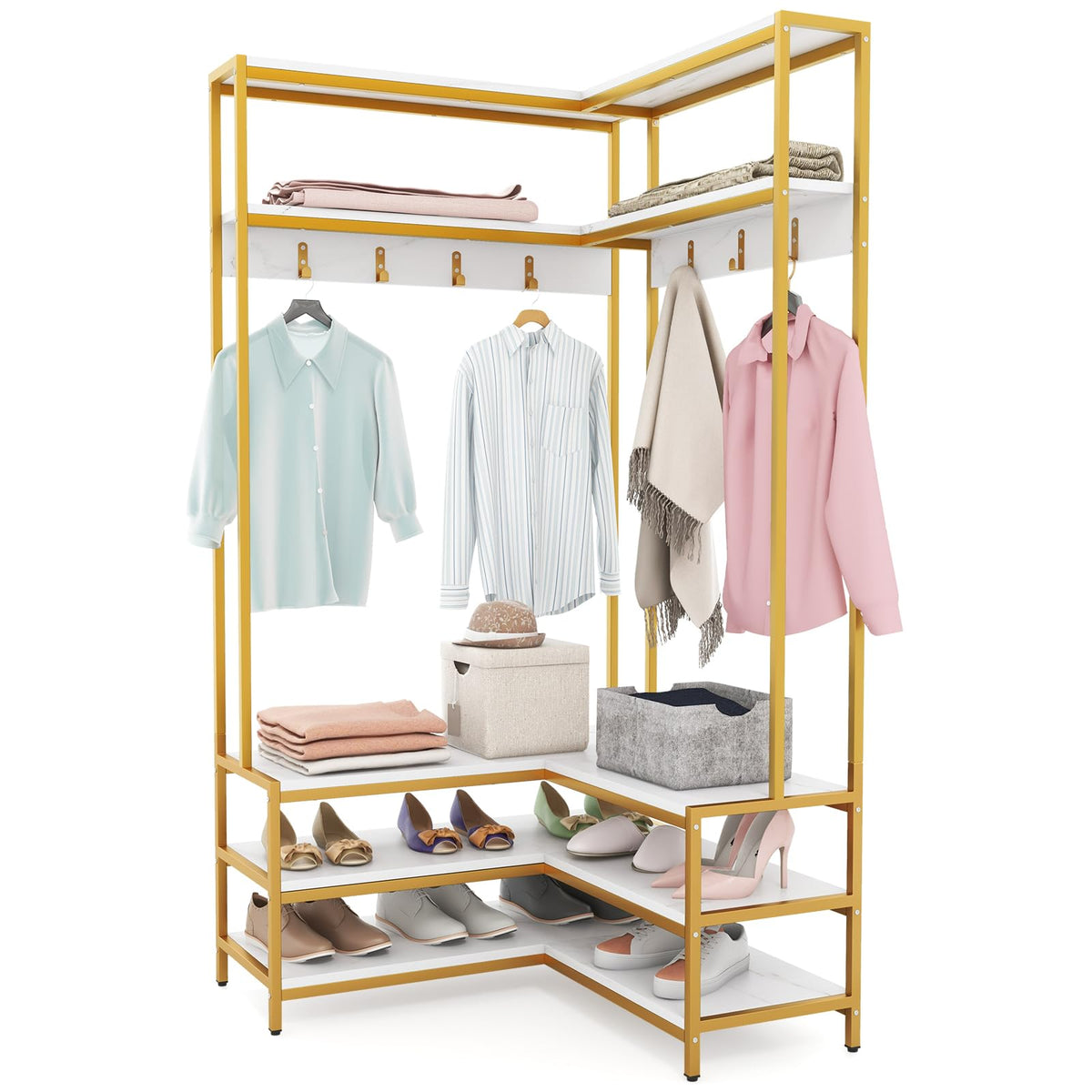 Goflame Corner Coat Rack with Shoe Bench, L-shaped Garment Rack with 5 Shelves & 7 Hooks