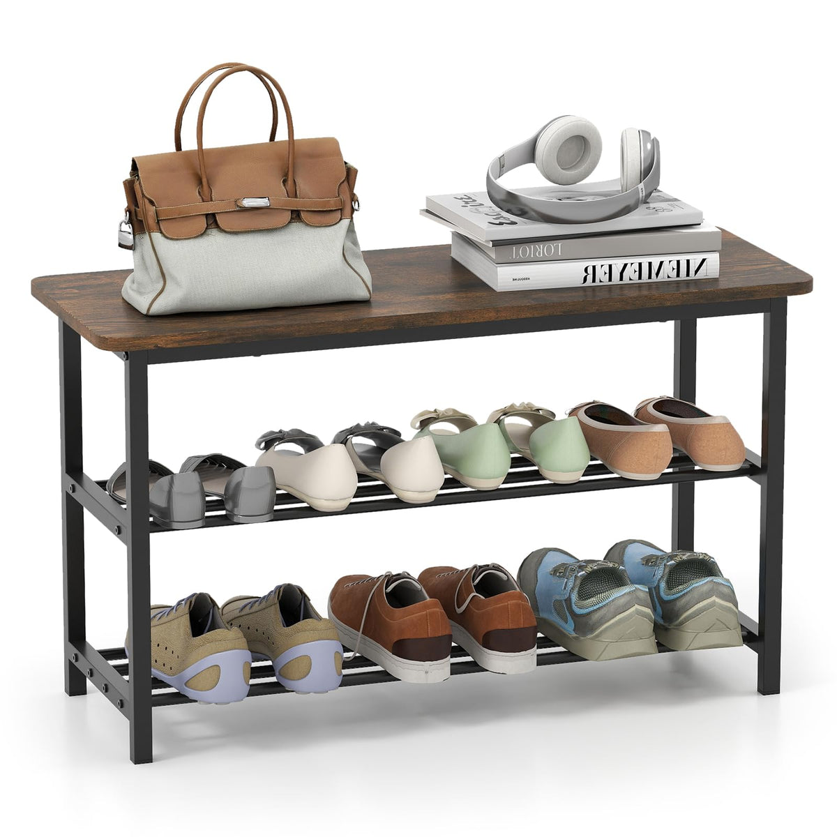 Goflame 3-Tier Shoe Bench 32" L Shoe Organizer Storage Bench with Metal Slat Shelves & Seat