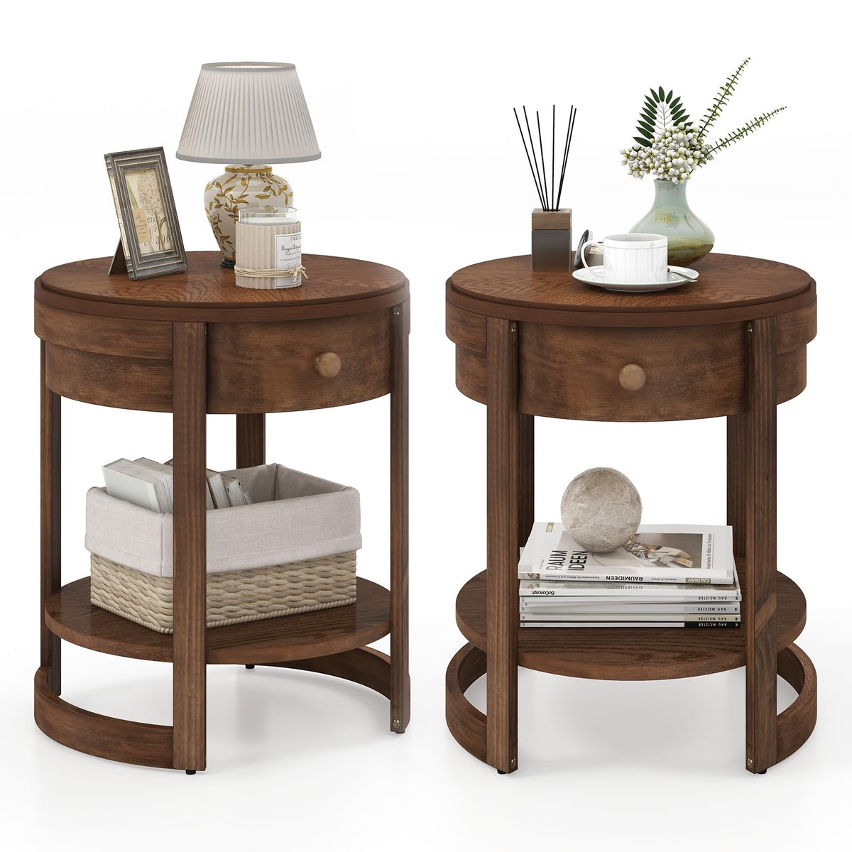 Goflame Round Side Tables Set of 1/2 | 2-Tier Retro End Tables with Drawer & Shelf