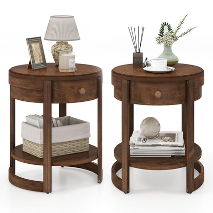 Goflame Round Side Tables Set of 1/2 | 2-Tier Retro End Tables with Drawer & Shelf