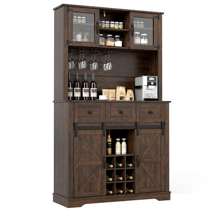 Goflame 72" Farmhouse Coffee Bar Cabinet w/Glass Doors & Wine Racks