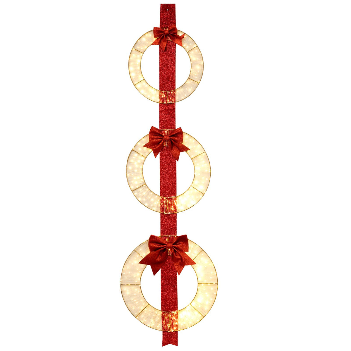 Goflame Set of 3 Pre-Lit Wreaths, 5.8 FT Xmas Light-up Decorations on Red Ribbon with 450 LED Lights