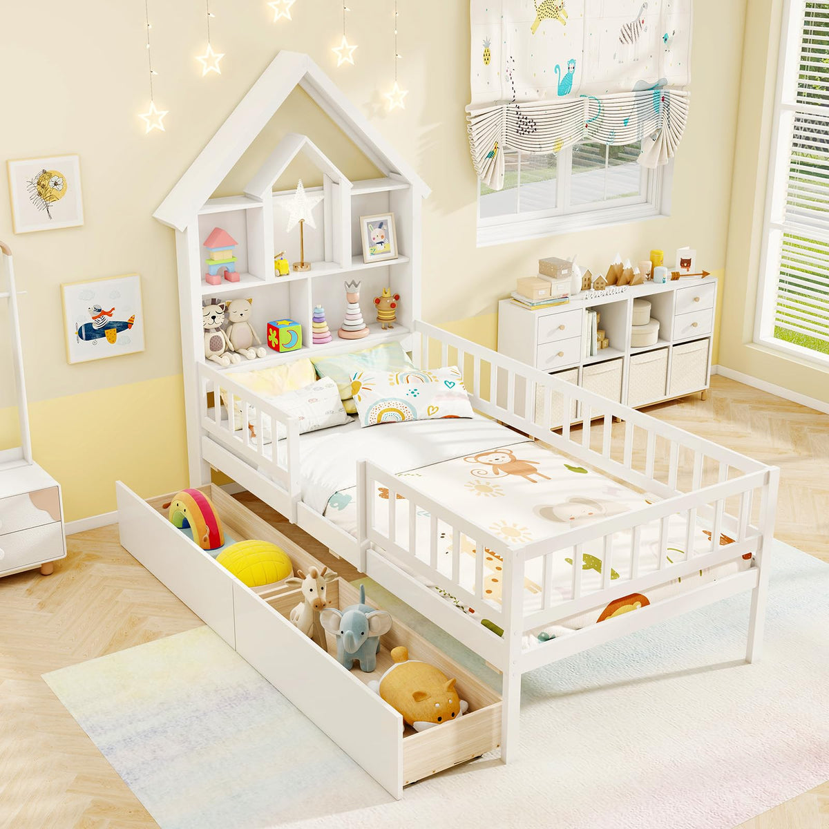 Goflame Twin House Bed with 2 Storage Drawers