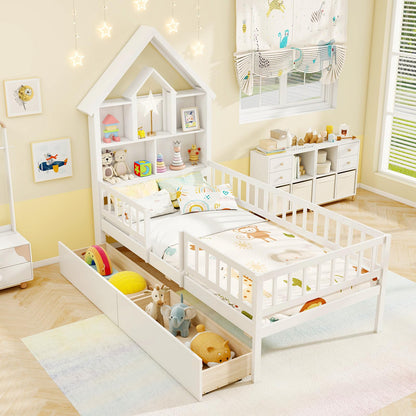 Goflame Twin House Bed with 2 Storage Drawers