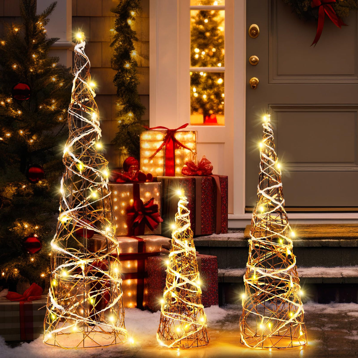 Goflame Set of 3 Large Christmas Cone Trees, 32” 24” 16” Indoor Christmas Trees w/Warm White LED Lights