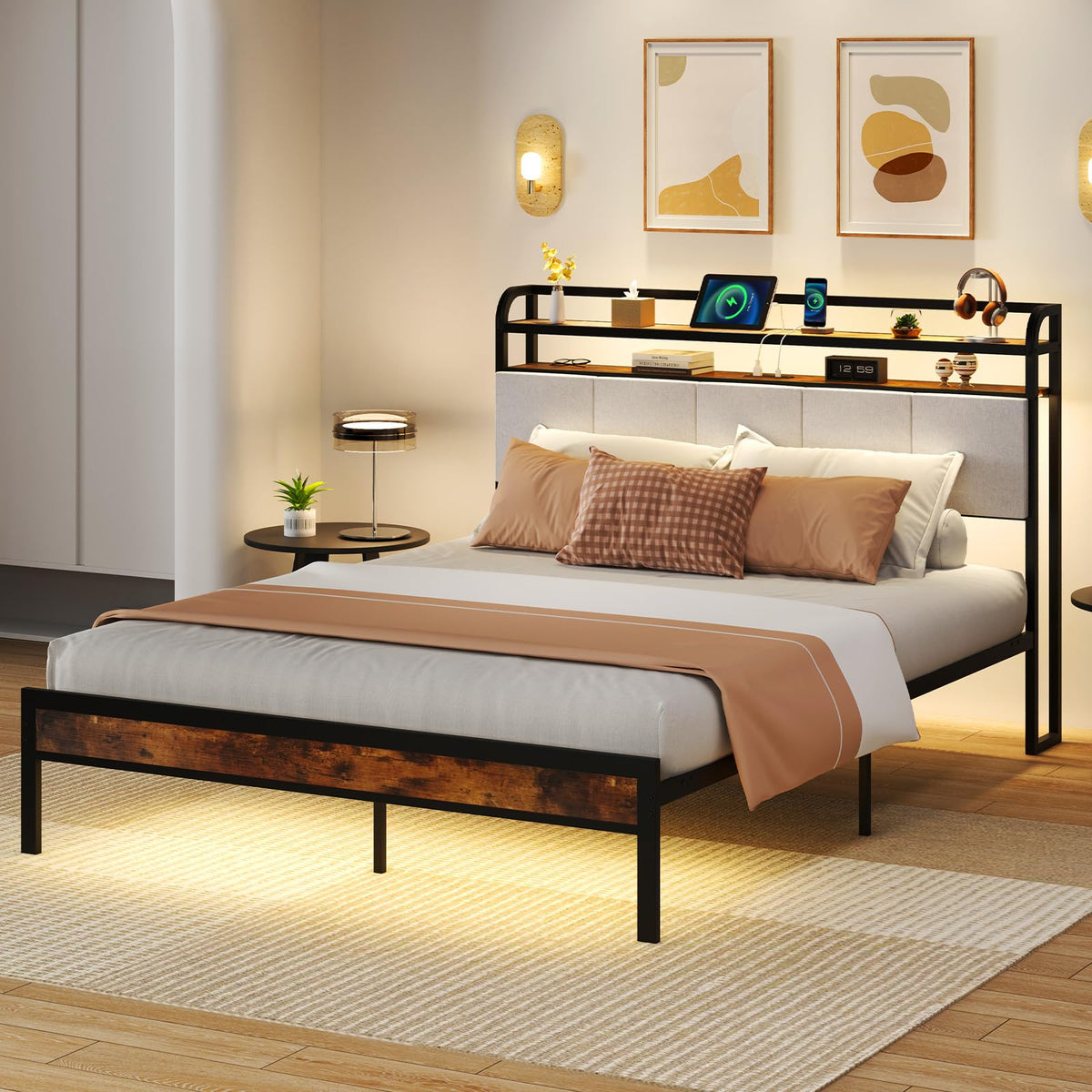 Goflame King/Queen/Full/Twin Size Bed Frame with Storage Headboard