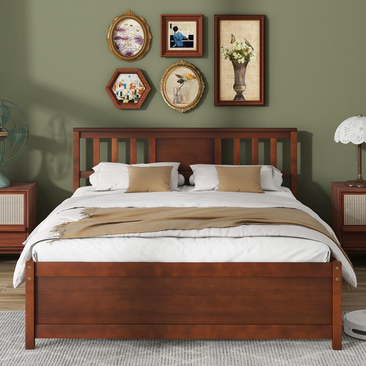 Goflame Solid Wood Platform Bed Frame, Mid Century Full Bed Frame with Headboard