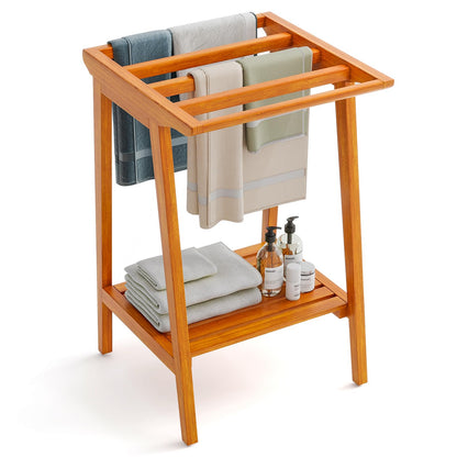 Goflame Teak Towel Rack for Bathroom, 5 Bars Freestanding Towel Racks with Storage Shelf, 19.5" L x 19.5" W x 31.5" H