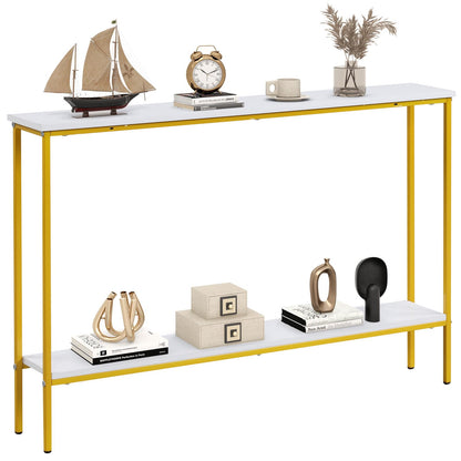 Goflame Gold Console Table with Shelf, 44" Narrow Entryway Table w/Dual Anti-Tipping Kits & Golden Metal Frame