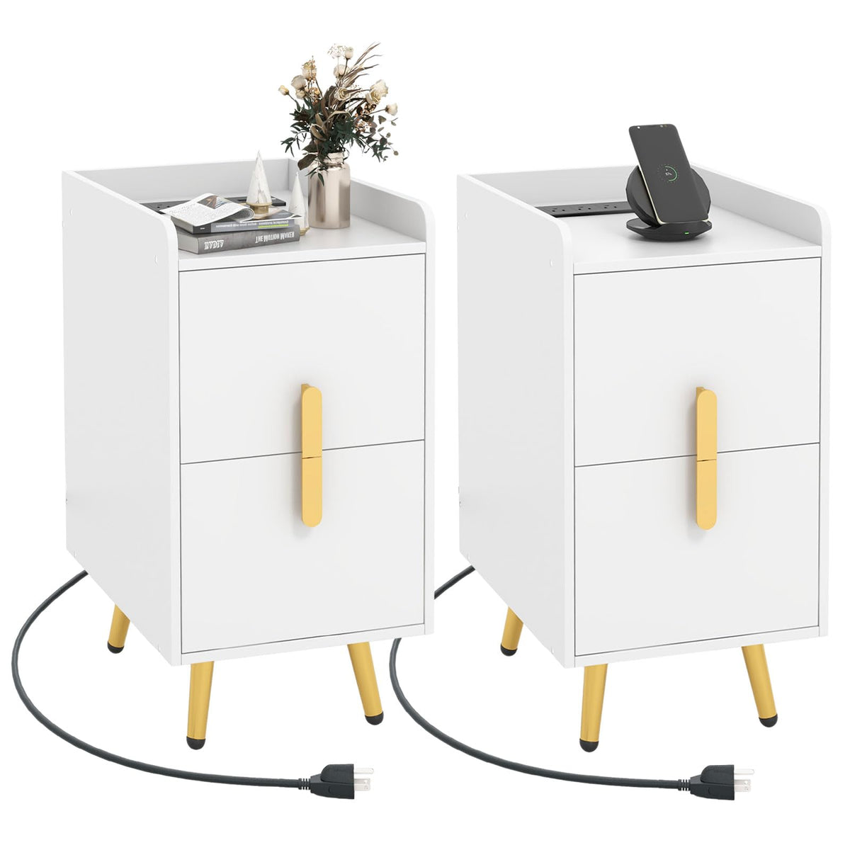 Goflame Nightstand with Charging Station, Narrow End Table with 2 Drawers & Metal Gold Legs
