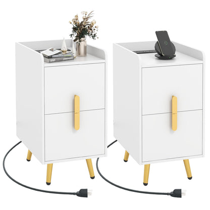 Goflame Nightstand with Charging Station, Narrow End Table with 2 Drawers & Metal Gold Legs