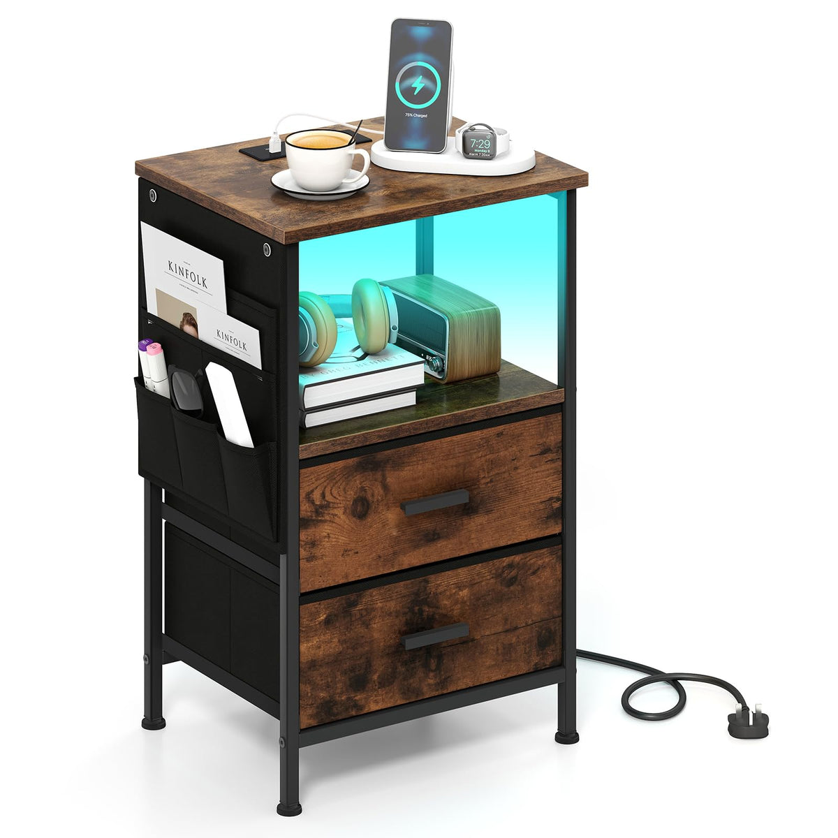 Goflame Night Stand with Charging Station | LED Sofa End Table w/2 Folding Fabric Drawers