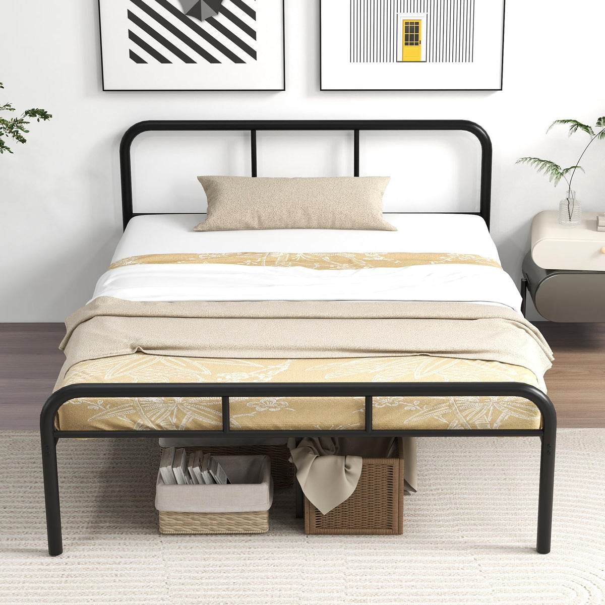 Goflame Twin Size Bed Frame, Modern Metal Platform Bed with Headboard and Footboard, Heavy Duty Steel Slat Support Mattress Foundation