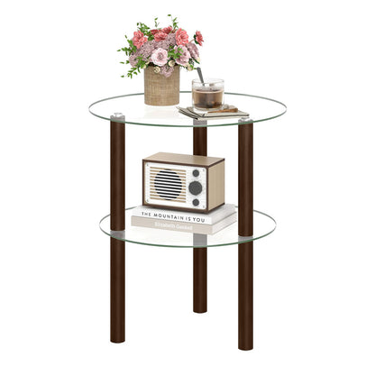 Goflame Round/Square 2-Tier Sofa Side Table with Clear Tempered Glass Top & Shelf (1/2)