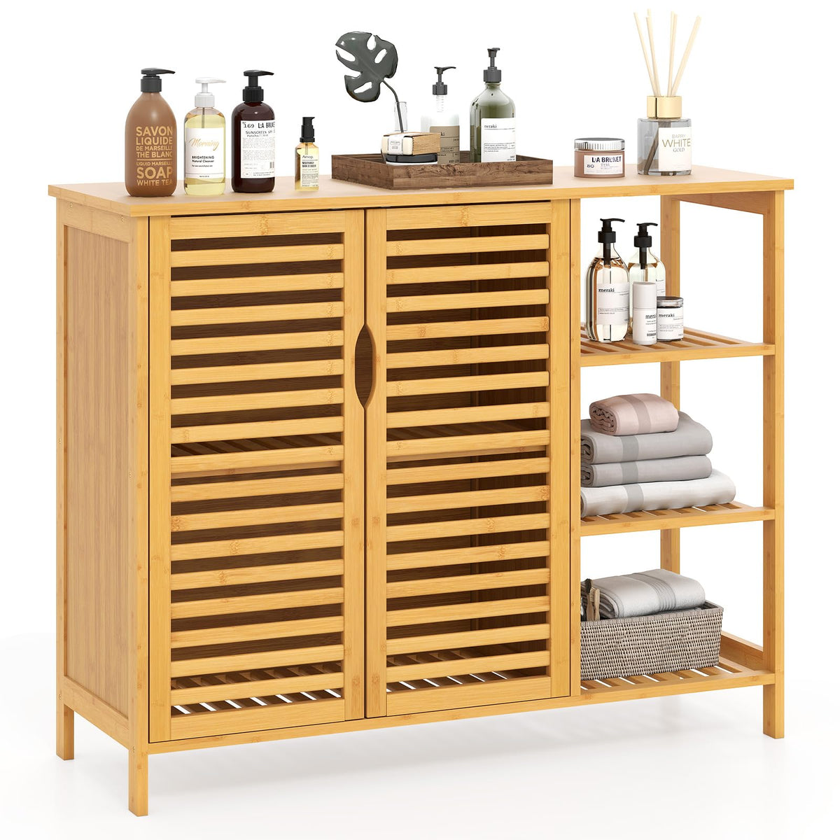 Goflame Bamboo Bathroom Storage Cabinet 2-Door Storage Organizer with Shelves