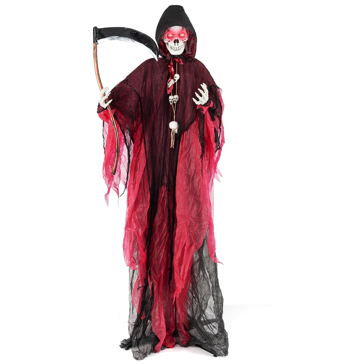 Goflame 8 Ft Halloween Animatronics, Sound & Touch Activated Grim Reaper with Sickle, Glowing LED Eyes & Scary Voices