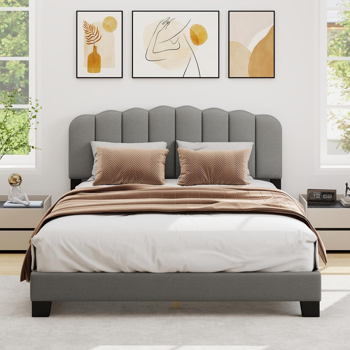 Goflame Queen Bed Frame Linen Upholstered Platform Bed with Adjustable Scalloped Tufted Headboard
