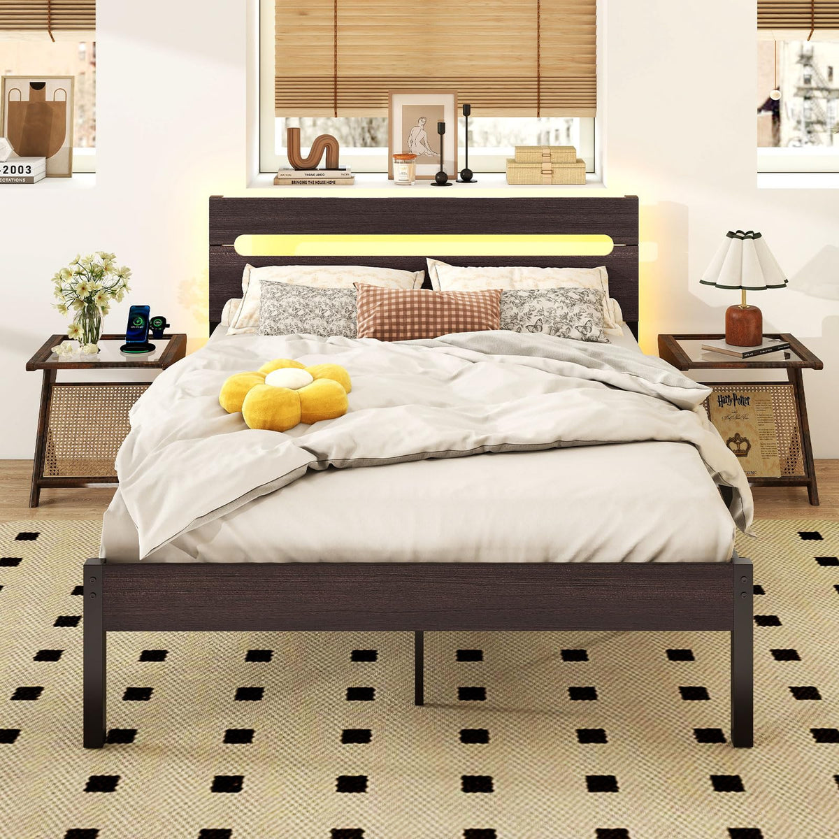 Goflame Full Size LED Bed Frame with Charging Station Rustic Metal Platform Bed