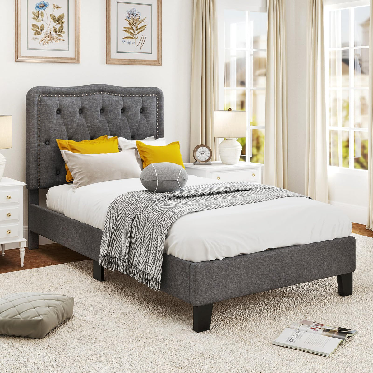 Goflame Twin Size Bed Frame, Modern Linen Upholstered Platform Bed w/ 46" Tall Button Tufted Headboard