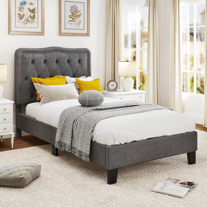 Goflame Twin Size Bed Frame, Modern Linen Upholstered Platform Bed w/ 46" Tall Button Tufted Headboard