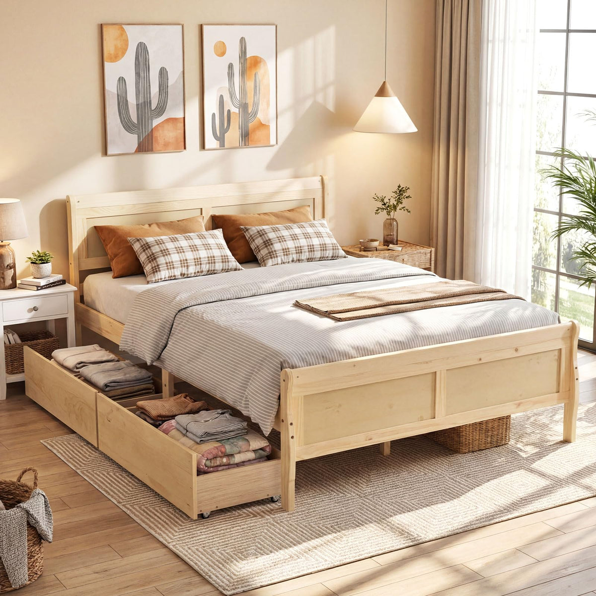 Goflame Twin/ Full/ Queen Bed with 2 Storage Drawers Wood Platform Bed with Headboard & Footboard