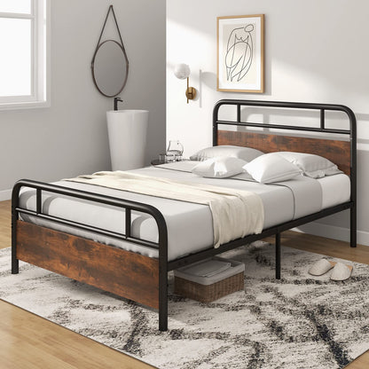 Goflame Full Size Metal Bed Frame with Wood Headboard and Footboard