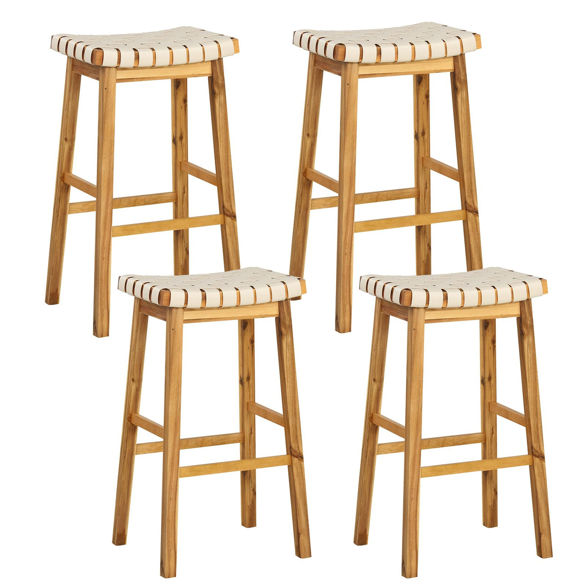 Goflame 25.5/31" Woven Bar Stools Set of 2/4, Faux PU Leather Counter Height Saddle Stools with Woven Curved Seat