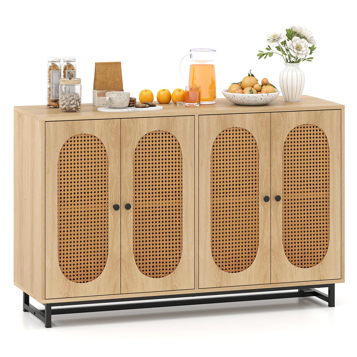 Goflame 50" PE Rattan Sideboard Buffet Cabinet with 4 Doors and Adjustable Shelves
