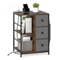 Goflame Industrial Nightstand with Charging Station - End Side Table w/3 Fabric Drawers