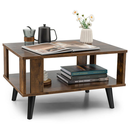 Goflame Retro Wood Coffee Table, 2-Tier Tea Table w/Open Storage Shelf & Supportive Legs