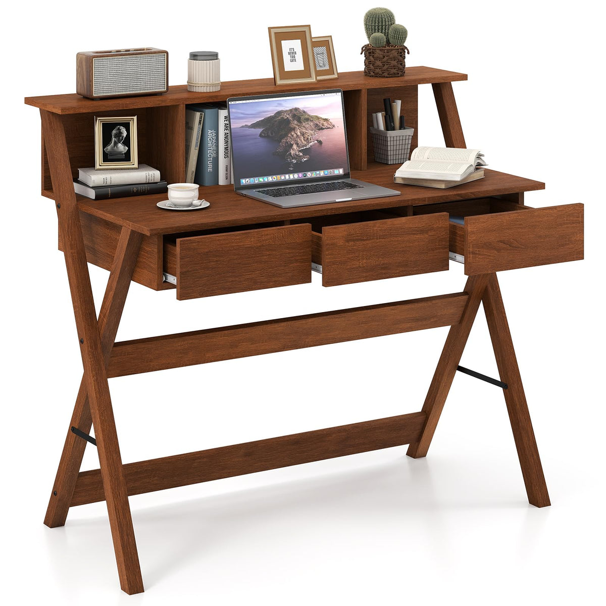Goflame Mid Century Modern Desk with 3 Drawers