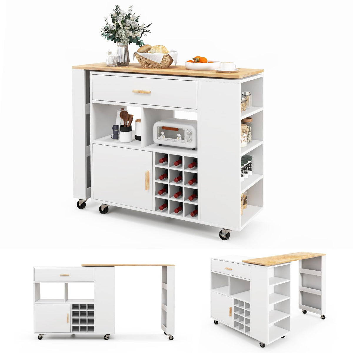 Goflame Mobile Kitchen Island Cart - 2-in-1 Reversible Serving Cart Bar Table Combo, White