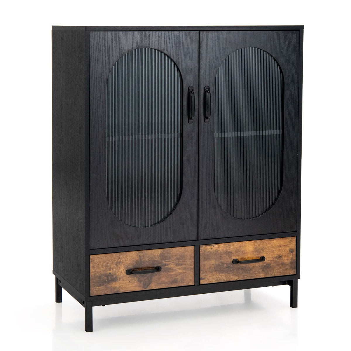 Goflame Buffet Cabinet with 2 Drawers, Wooden Sideboard, Standing 2-Tier Cupboard (Black & Brown)