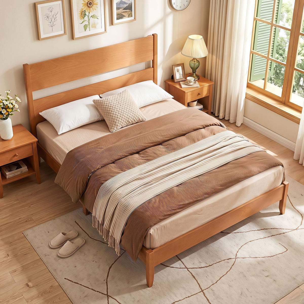 Goflame Queen/Full/Twin Size Wooden Bed Frame with Slatted Headboard