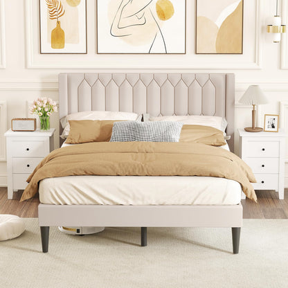 Goflame Queen Size Dutch Velvet/Linen Fabric Upholstered Platform Bed with Wingback Headboard and Wooden Slat Support
