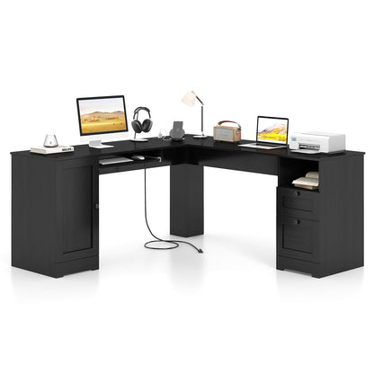GOFLAME 66" L-Shaped Desk with Storage Drawers & Charging Station
