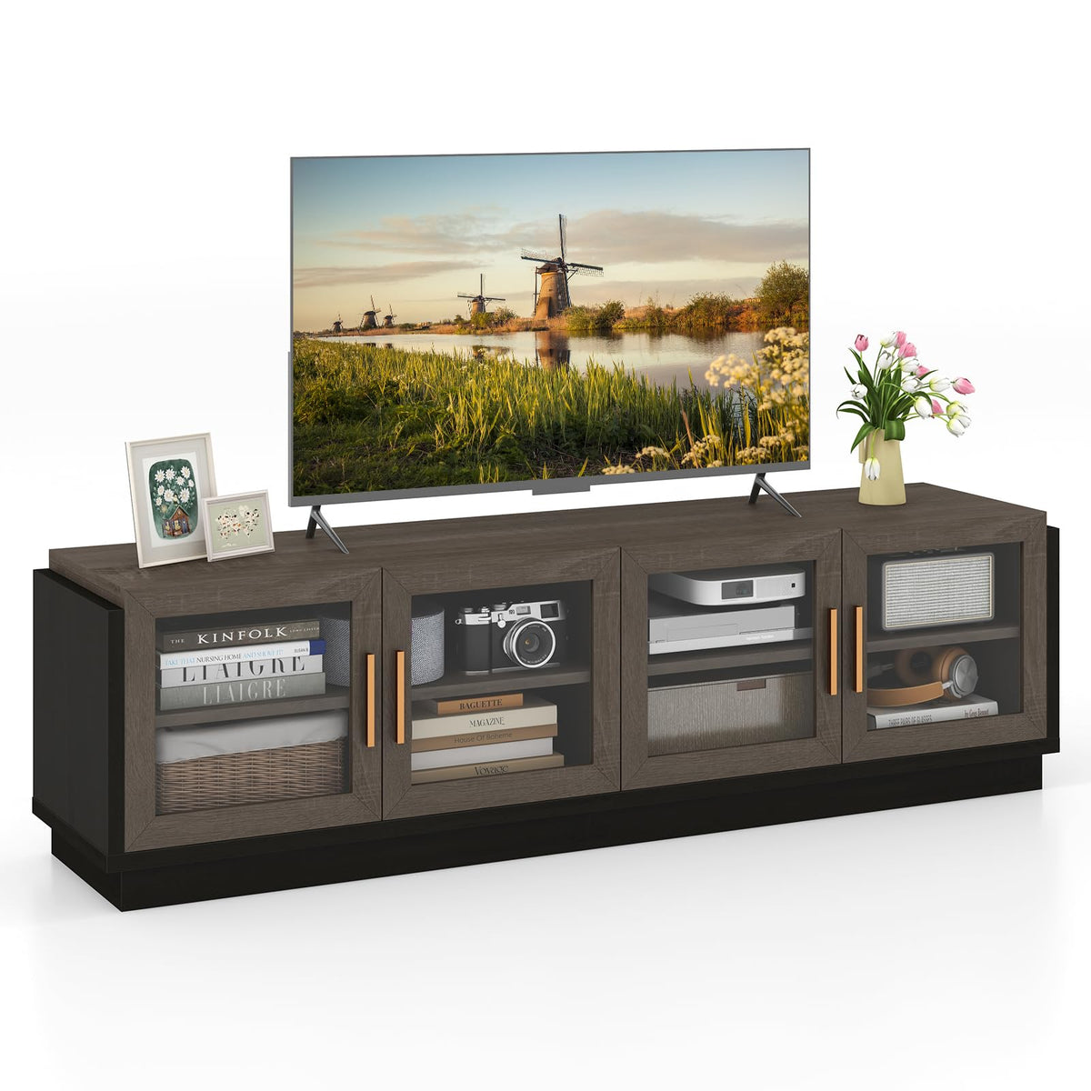 Goflame Large TV Stand for TVs up to 75”, Entertainment Center with 4 Tempered Glass Doors