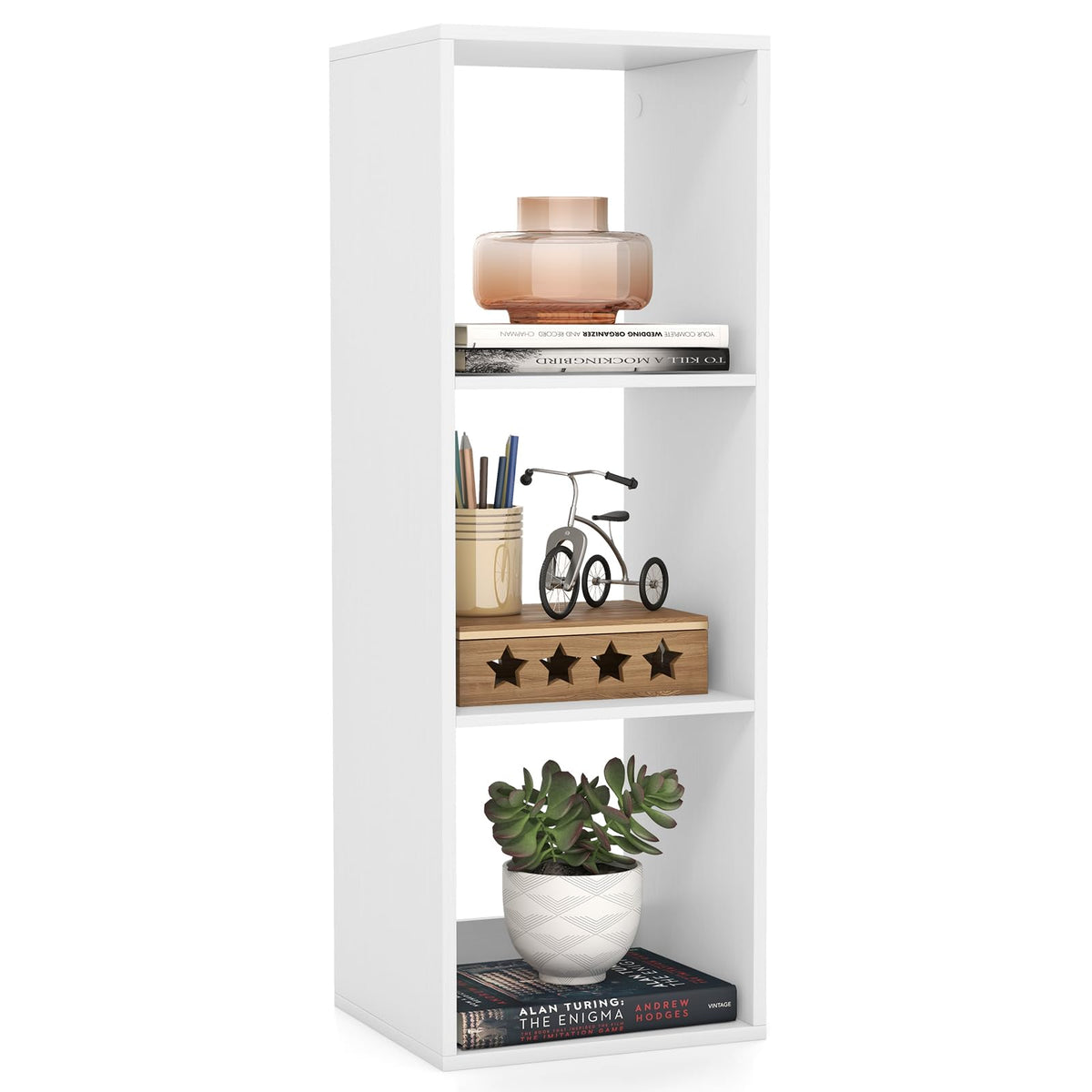 Goflame 3-Cube Bookcase, White Cubby Bookshelf w/Back Guardrail & Anti-Tipping Kits