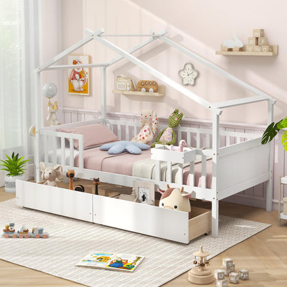 Goflame Twin House Bed with Drawers, Wooden Twin Bed Frame with Cube Storage & Fence Rails