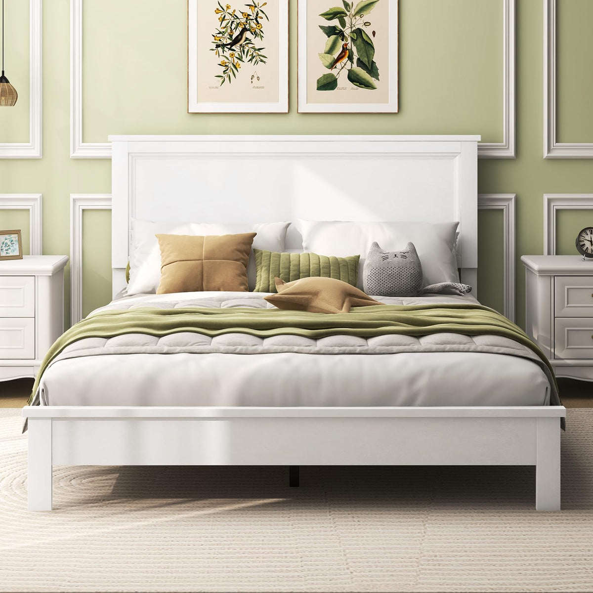 Queen/Full/Twin Size Platform Bed w/ Rubber Wood Legs & Integrated Headboard | Wooden Bed Frame