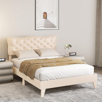 Goflame Full Size Bed Frame Beige, Linen Fabric Upholstered Platform Bed Frame with Nail Headboard