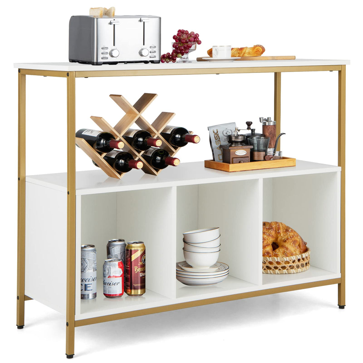 Goflame Buffet Sideboard, Wooden Cupboard, Kitchen Pantry w/Spacious Countertop, Large Open Shelf, 3 Cube Storage Cabinet