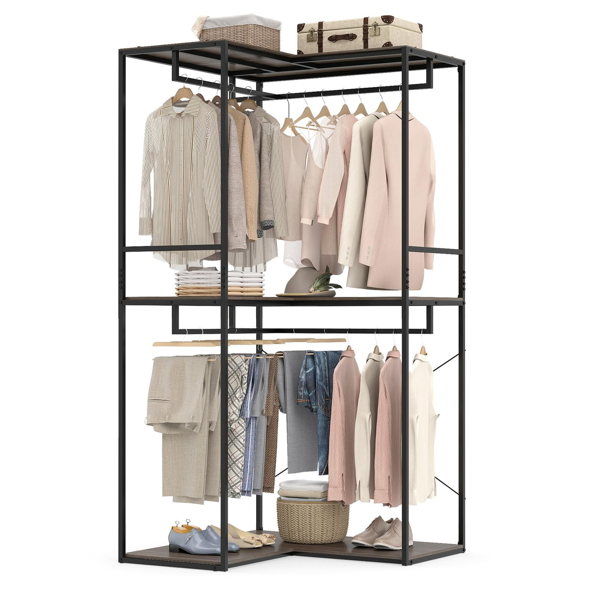 Goflame Heavy Duty Clothes Rack | 3-Tier L-Shaped Garment Rack w/3 Open Shelves & 2 Hanging Racks