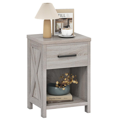 Goflame Wooden Bedside Table with Storage Drawer and Open Shelf