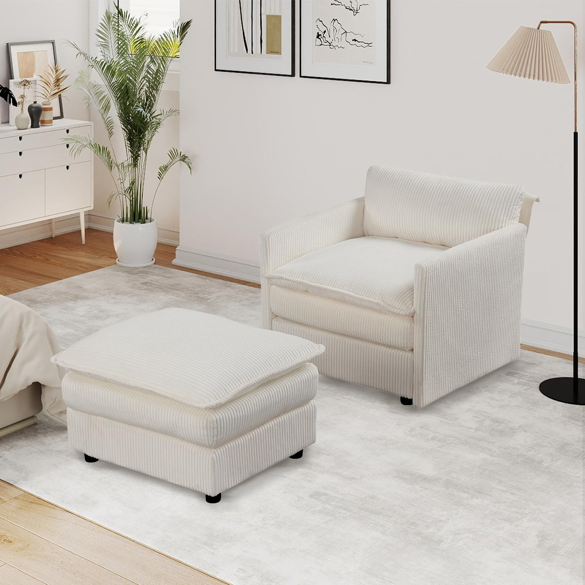 Goflame Oversized Accent Chair with Ottoman with Soft Corduroy Cushions